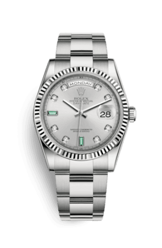 Day-Date 36 White Gold Fluted / Oyster / Silver Diamond Emerald