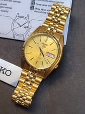 NOS Seiko 5 Fluted Bezel 7s26-0500 Automatic Gold Men's Watch SNXJ94K