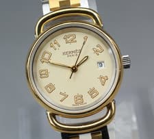 Vintage [Exc+5] Hermes Pullman Gold Ivory Dial 24mm Date Woman's Quartz Watch