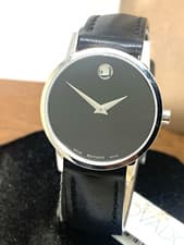 Movado Women's Watch 0607274 Swiss Quartz Silver Museum Black Dial Leather Band