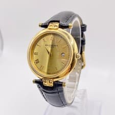 Balenciaga TG 88 Vintage Quartz Watch Gold Dial Date Roman Black Leather Strap