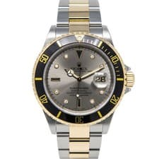 Rolex Men's Submariner Date Steel & Gold 16613 Silver Serti, Black Bezel - Pr...