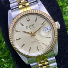 Rare Bulova Super Seville Calender Automatic Gold Dial Two Tone 1990s Watch Men