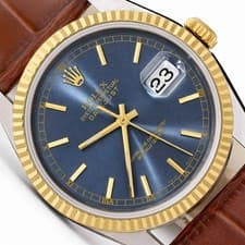 36mm Rolex Datejust 16233 18K Gold Fluted Bezel Steel Blue Dial Men's Watch