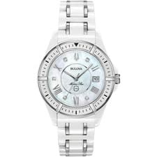 NEW BULOVA LADIES MARINE STAR MOTHER OF PEARL DIAL WHITE CERAMIC WATCH 98P172