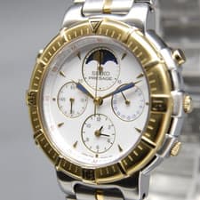 CLA'd N MINT Vtg SEIKO Presage 7T36-6A50 39mm Gold Alarm Moon Phase QZ Men Watch