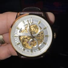 Bulova Classic Men's Automatic Sutton Skeleton White Face Brown Strap 97A138