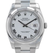 Rolex Datejust 36mm White Roman Dial Oyster Steel Smooth Bezel Watch Ref: 116200