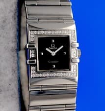 Ladies Omega Constellation Quadra Watch - Black Diamond Dial & Bezel - 1528.46