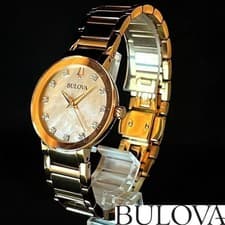 Elegant BULOVA rose gold diamond watch with mother-of-pearl dial.feminine style.