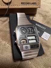 CITIZEN Record Label Ana Digi Temp Watch JG2101-78E Silver Square w/ Box Manual