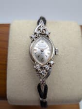 Vintage 1950's Bulova 14K White Gold 23 Jewel w/8 Diamonds Ladies Watch WORKING