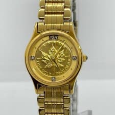 ELGIN WATCH MAPLE Leaf 1/10oz Coin Champagne Dial SK-148-C Gold Quartz Women's