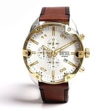 Diesel Mens Spiked Chronograph Watch Brown Leather Strap Stainless Steel
