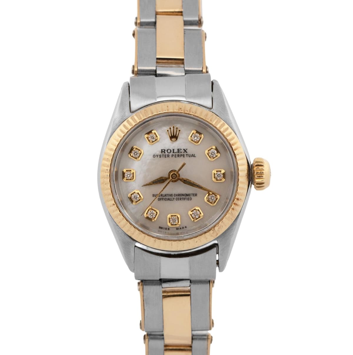 Ladies Rolex Oyster Perpetual 26mm Mother of Pearl Diamond Fluted Gold 6619 BOX