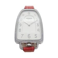 HERMES Galop d'Hermes Diamond Watch Quartz Stainless Steel Red Leather Strap