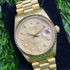Rare Bulova Chronoprecision Gold Dial Diamond Date 23k gold plated Watch Vintage