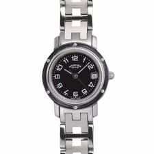 HERMES Clipper 24mm CL4.210 Quartz Black Dial SS Bracelet Women's Watch