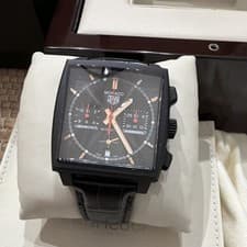 TAG Heuer Monaco Automatic Chronograph Black Dial Leather Strap 100m