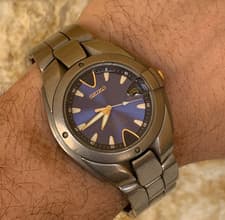 Vintage Seiko 8F32-004A Titanium Perpetual Calendar 100m Blue Sunburst Box Watch