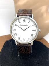 Tiffany & Co. Unisex Watch M151 Swiss Quartz White Dial Brown Leather Band 33mm