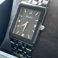 Bulova Quadtra Mens Quartz Diamond Black Dial Watch 30mm 96D145