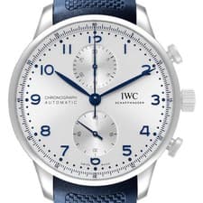 IWC Portuguese Chrono Silver Dial Blue Hands Steel Mens Watch IW371605 Box Card