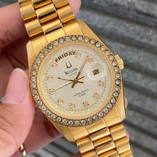 Rare Bulova President Day Date Quartz Gold Tone Diamond Index Watch Men Vintage
