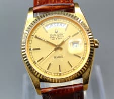 1991 *Exc+5* Bulova Super Seville 8984101 Gold Day Date 36mm Qz Mens Watch JAPAN