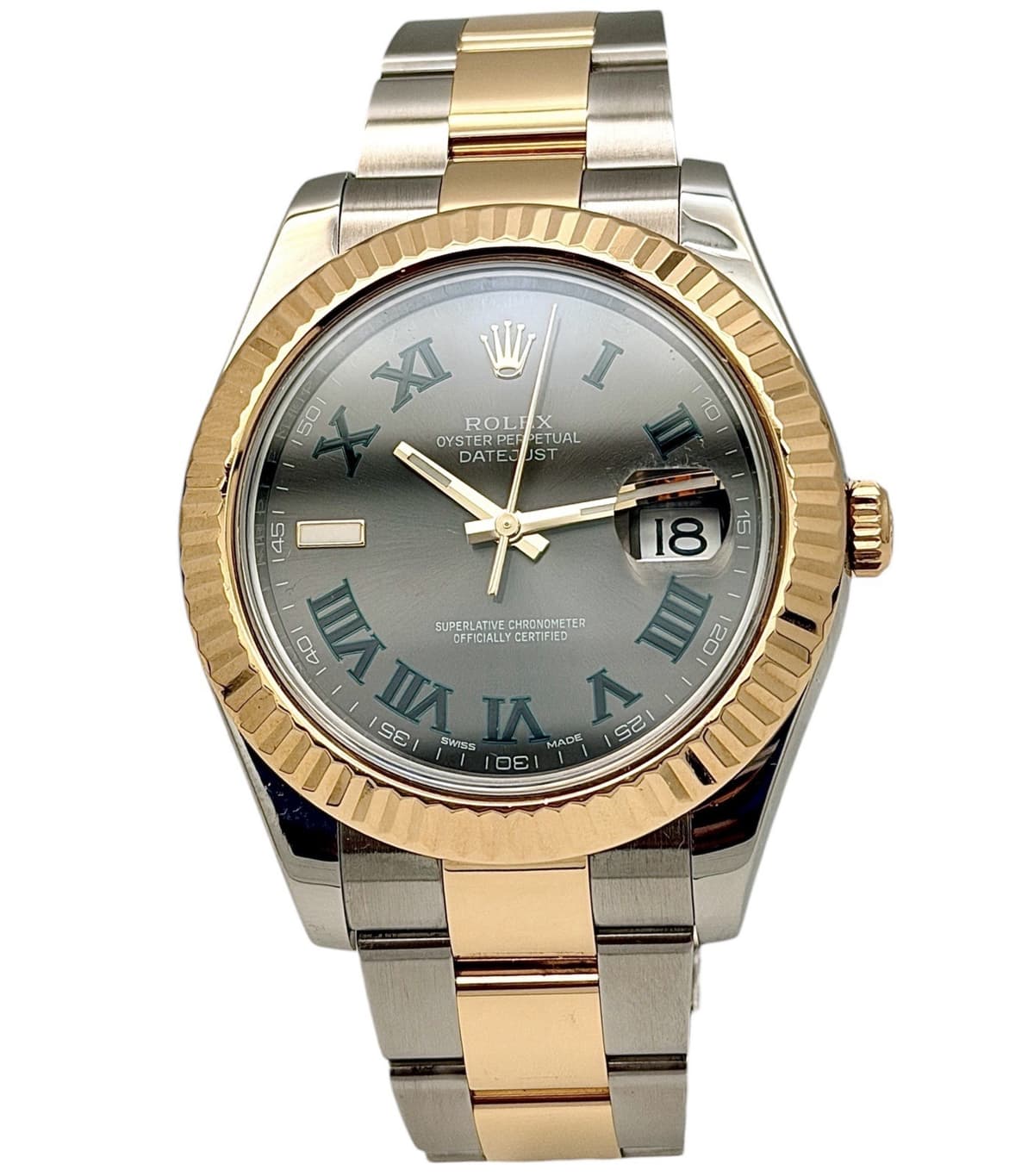 ROLEX Datejust II 116333 41mm Fluted Wimbledon Slate Dial 18K Gold & Steel Box&