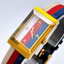 GUCCI G-Frame 147.4 Bee Shell Dial Tricolor Quartz Gold Square Watch Women’s