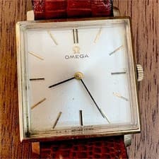 Omega Vintage 14K Gold Square Wristwatch Swiss Made Brown Leather Silver Dial