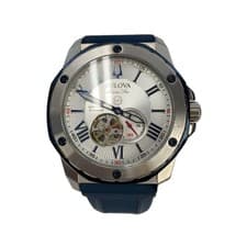 Bulova Automatic Watch Marine Star 98A225 Silver Navy Rubber Strap Dial