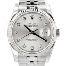Rolex Datejust 116234 Steel Silver Diamond Dial 18KW Fluted Watch w/ Paper
