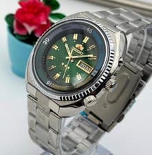 Orient Men's Automatic Watch Green Dial Day Date Tri Star Stainless Steel