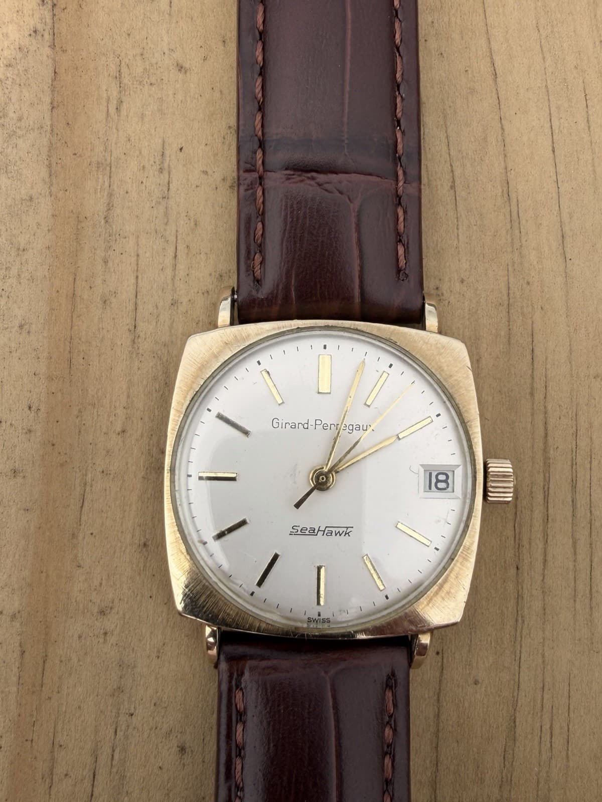 Girard Perregaux Mechanical Sea Hawk Vintage Watch Gold Filled Cushion Case Date