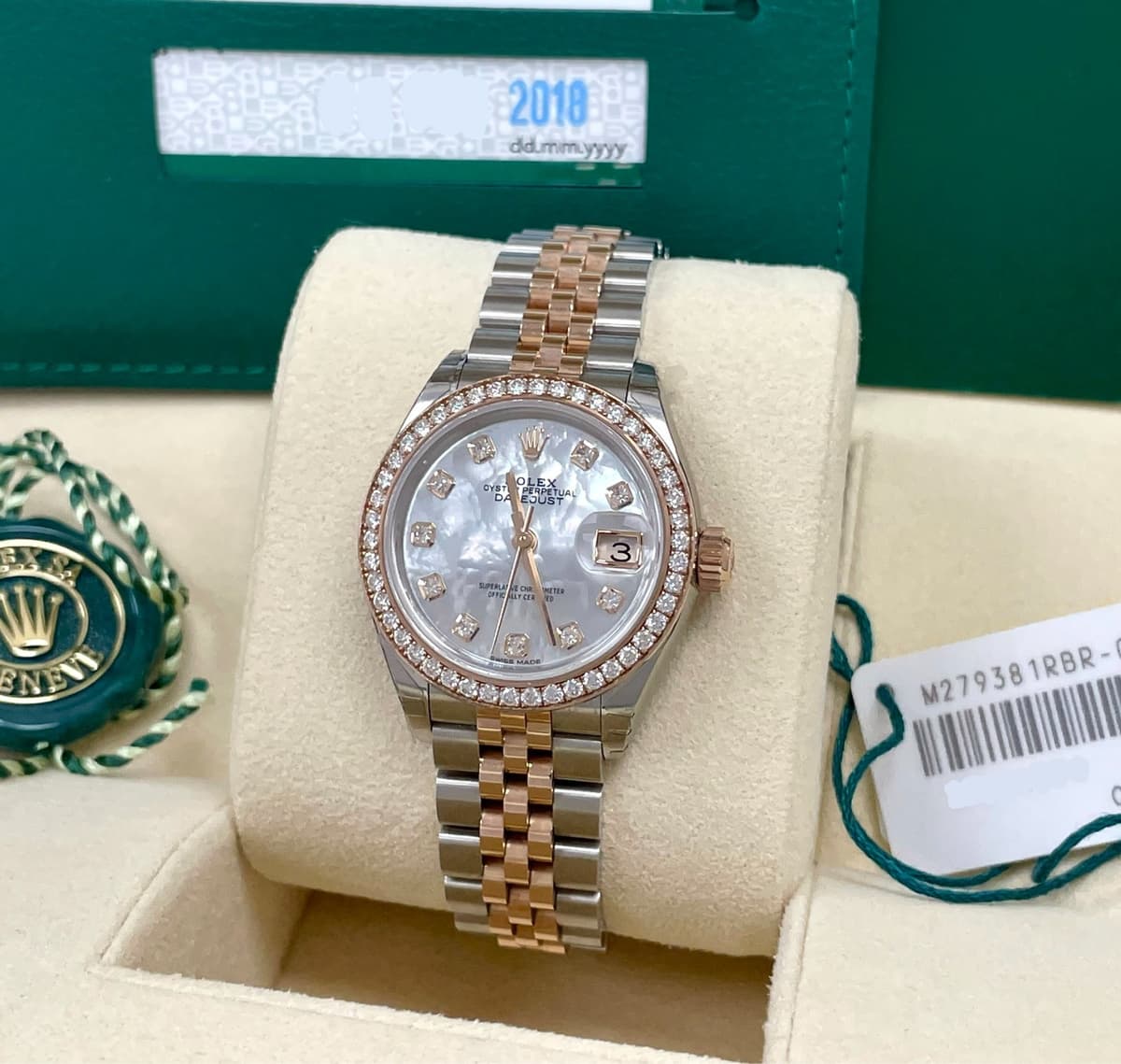 ROLEX DATEJUST DIAMOND BEZEL MOP TWO TONE ROSE GOLD 279381RBR FULL SET  STICKERS