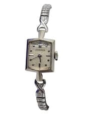 Longines Solid 14K White Gold Case Ladies Cocktail Watch c1950's Stainless Band