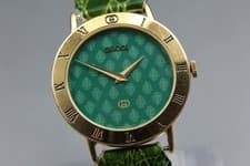 Rare Green Dial Near MINT GUCCI 3000M Gold Plated Qz Midsize Mens Watch JAPAN