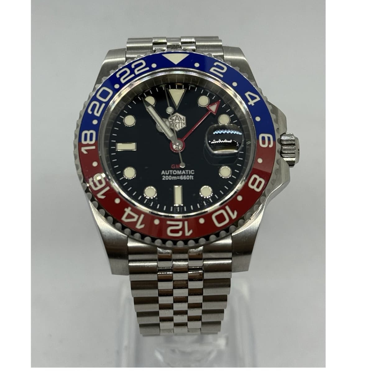 San Martin GMT Automatic 200m Stainless Steel Black Dial Wristwatch Pepsi Bezel