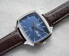 1974 Vintage Tissot Seastar Automatic Blue Dial Leather Watch Rare Day Date