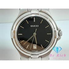 Used GUCCI Men's Watch 9040M Date Round Black Silver SS Bracelet Logo Analog