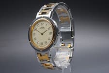 HERMES Clipper Date Ivory Dial Gold 34mm Two Tone Qz Men's Watch JP Near MINT