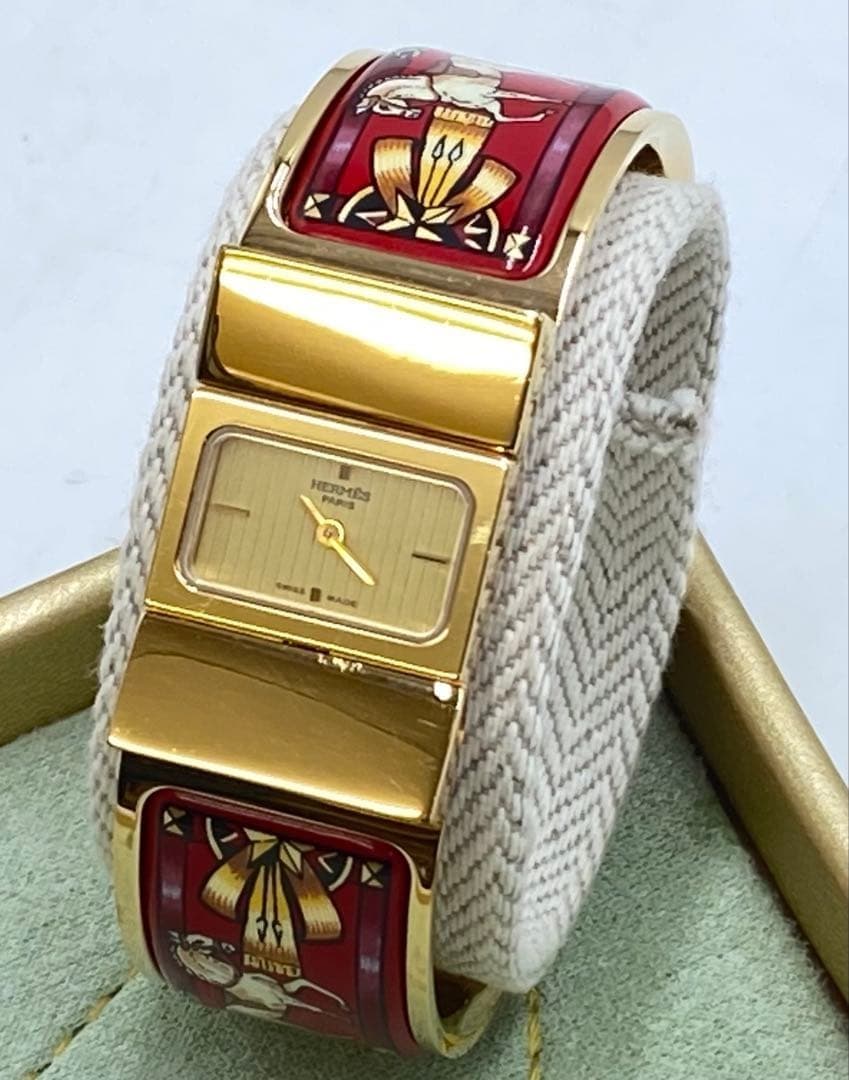 HERMES Roque bangle watch  LO1.201 Cloisonne Red  Women watch w/ Box