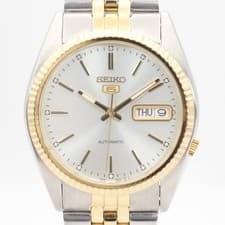 Rare Near MINT Seiko 5 7S26-0500 Automatic Day-Date Two-Tone Silver Dial Watch