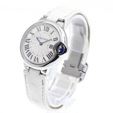 CARTIER BALLON BLEU W6920086 33mm SS Quartz Silver Dial Leather Strap #C420