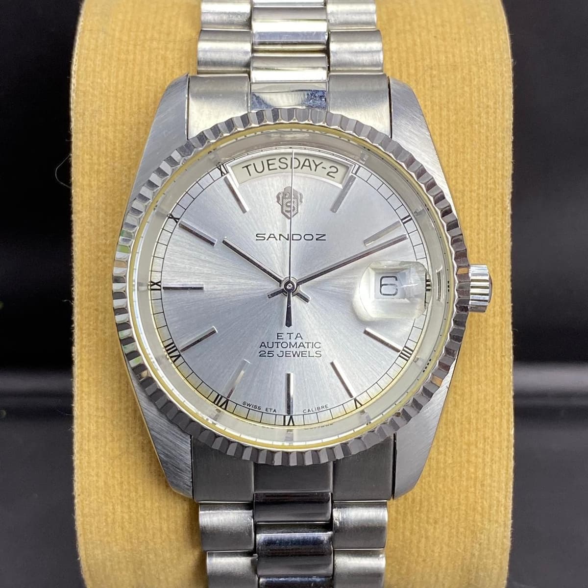 Rare Sandoz President Automatic ETA Swiss Silver Dial Day Date Vintage Watch Men