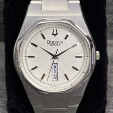 Rare BULOVA Gerald Genta Quartz Day Date White Dial Watch Men Vintage