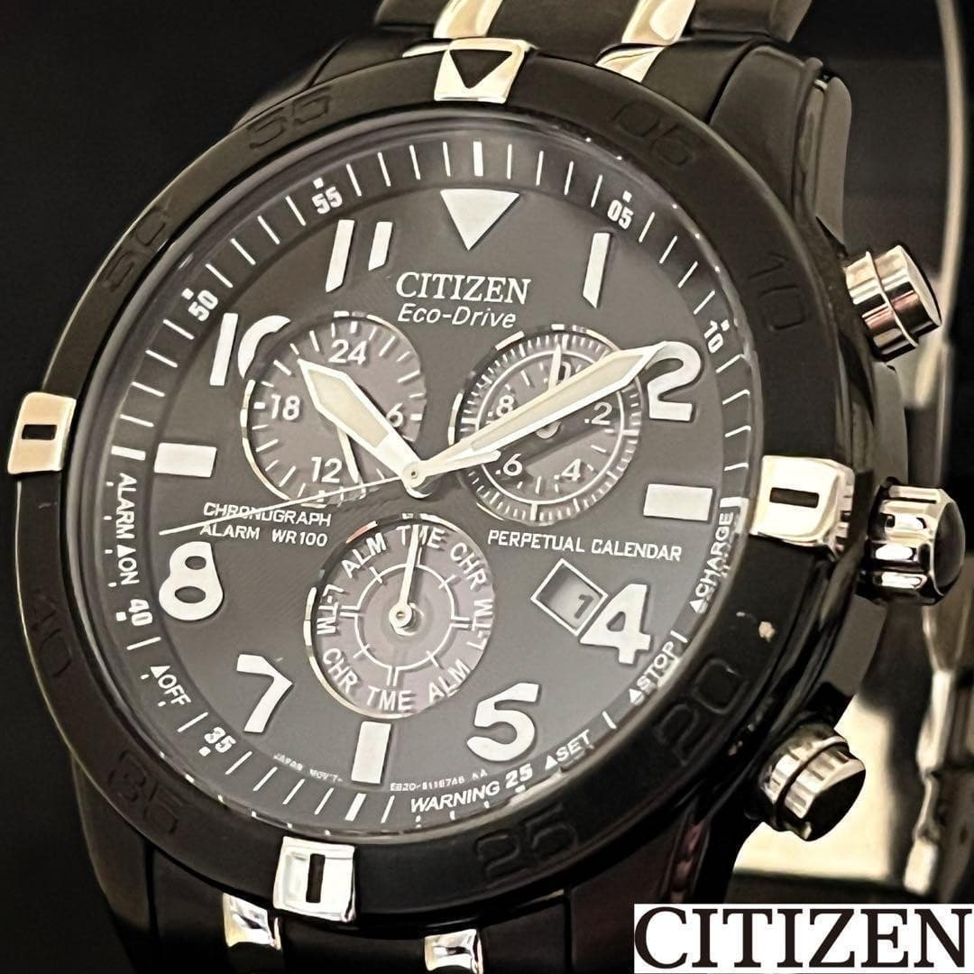 CITIZEN Eco-Drive Men's Chronograph Watch Black 44mm 100M E820 Box Tag