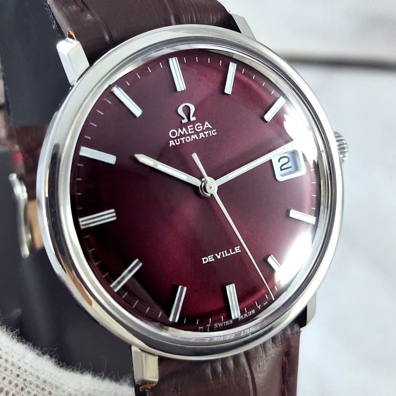 OMEGA DE VILLE AUTOMATIC 24 JEWELS CAL.565 DATE BURGUNDY DIAL VINTAGE MENS WATCH